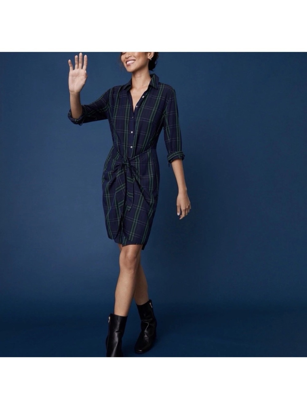 UNTUCKit Navy and Green Plaid Tie-Front Shirt Dress
